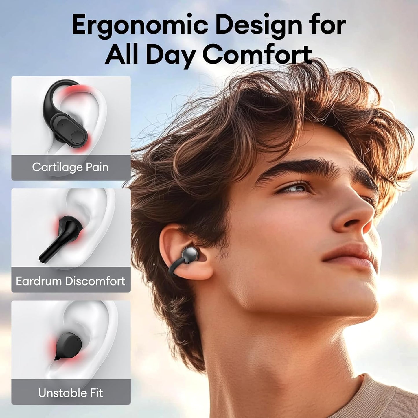Open-Ear Headphones, Wireless Clip On Earbuds with Touch Screen Charging Case 60H Playtime, Bluetooth 5.4, IPX7 Waterproof, Lightweight Comfort, Stable Fit, Open-Ear Safety Design for Workout/Running