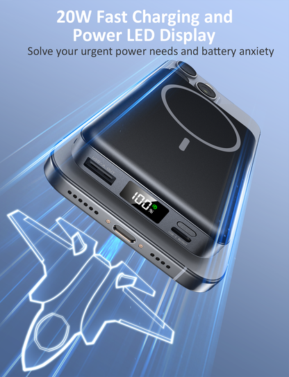 Magnetic Portable Charger, 10000mAh Power Bank, 5 in 1 Portable Charger with Built in Cable, 20W Fast Charging