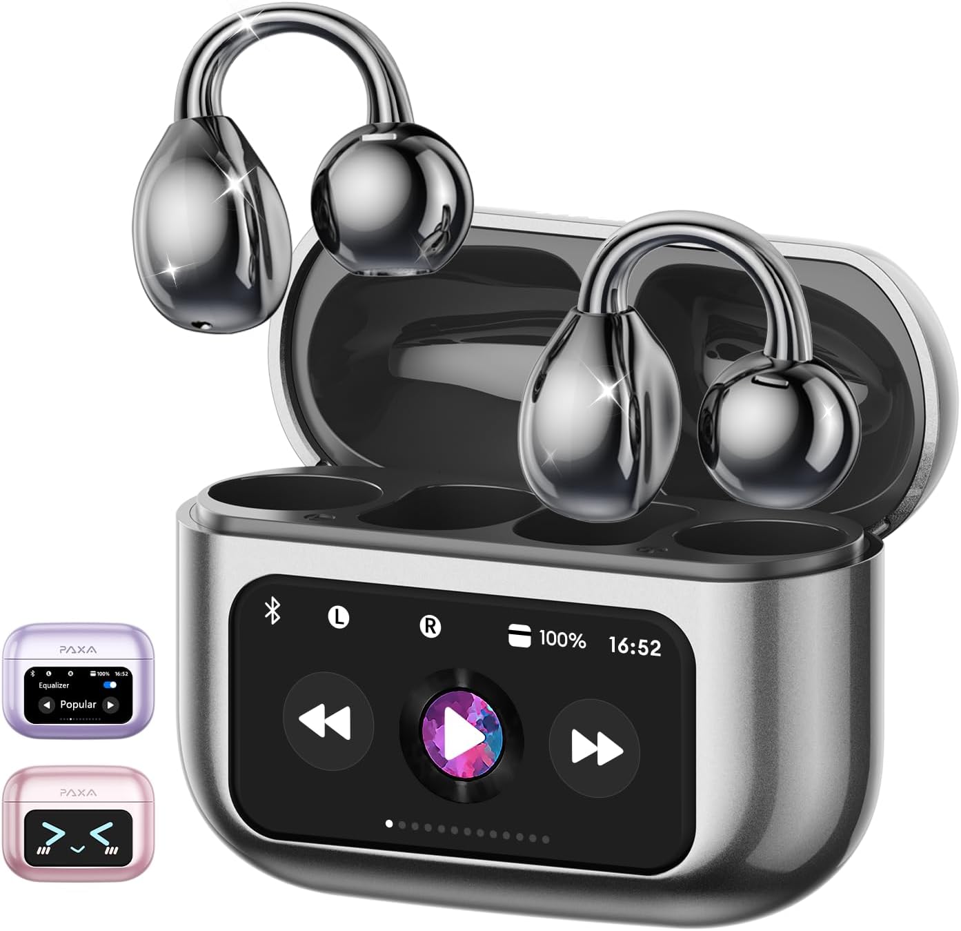 Open-Ear Headphones, Wireless Clip On Earbuds with Touch Screen Charging Case 60H Playtime, Bluetooth 5.4, IPX7 Waterproof, Lightweight Comfort, Stable Fit, Open-Ear Safety Design for Workout/Running