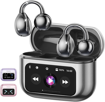 Open-Ear Headphones, Wireless Clip On Earbuds with Touch Screen Charging Case 60H Playtime, Bluetooth 5.4, IPX7 Waterproof, Lightweight Comfort, Stable Fit, Open-Ear Safety Design for Workout/Running