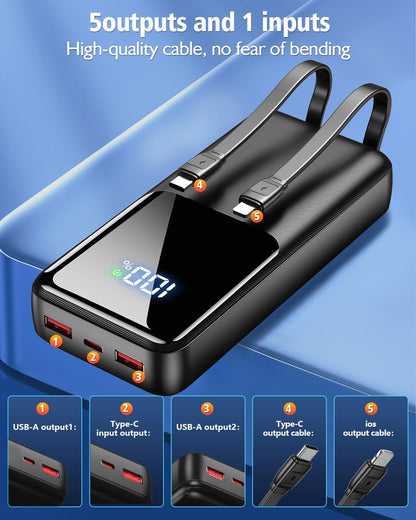 Portable Charger Power Bank - 20000mAh Fast Charging Portable Battery Pack with Built in USB-C(22.5W) and iOS(20W) Output Cables Compatible for iPhone Android Samsung Phone