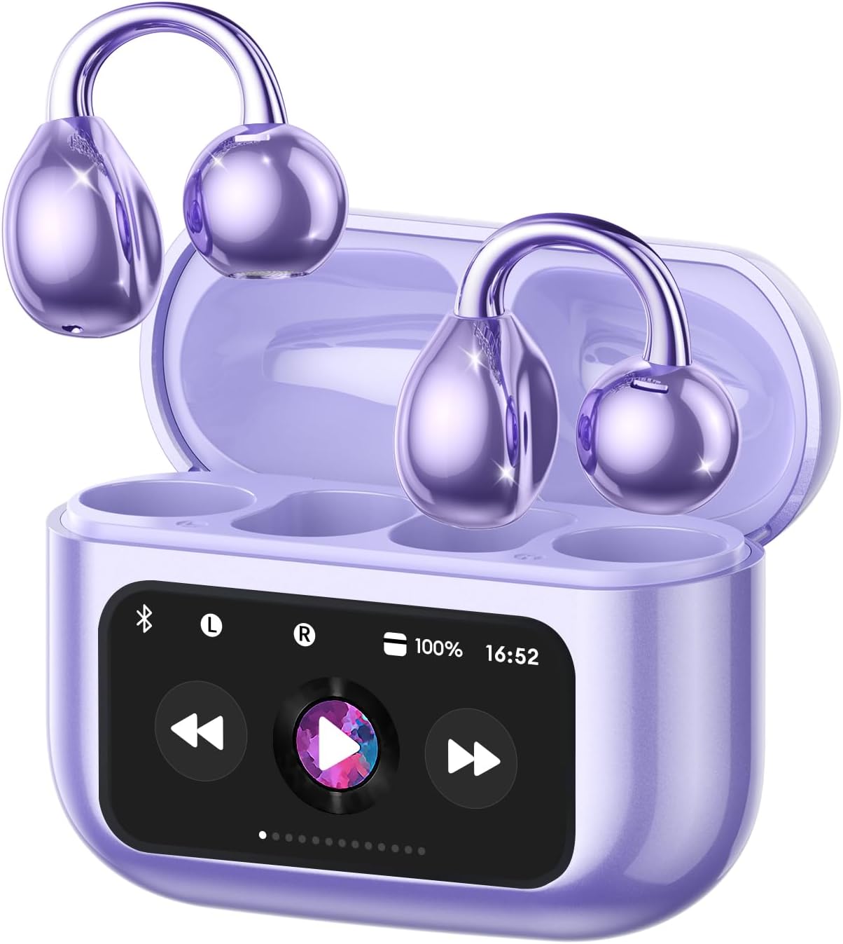 Open-Ear Headphones, Wireless Clip On Earbuds with Touch Screen Charging Case 60H Playtime, Bluetooth 5.4, IPX7 Waterproof, Lightweight Comfort, Stable Fit, Open-Ear Safety Design for Workout/Running