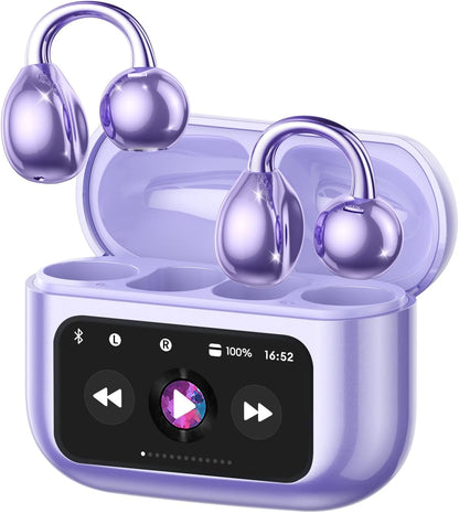Open-Ear Headphones, Wireless Clip On Earbuds with Touch Screen Charging Case 60H Playtime, Bluetooth 5.4, IPX7 Waterproof, Lightweight Comfort, Stable Fit, Open-Ear Safety Design for Workout/Running