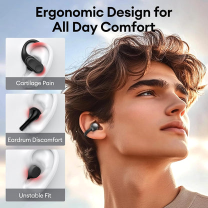 Open-Ear Headphones, Wireless Clip On Earbuds with Touch Screen Charging Case 60H Playtime, Bluetooth 5.4, IPX7 Waterproof, Lightweight Comfort, Stable Fit, Open-Ear Safety Design for Workout/Running