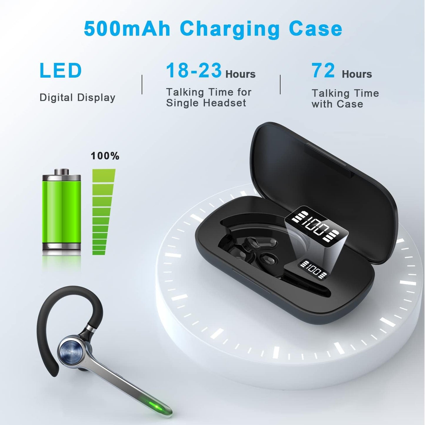 Bluetooth Headset, Wireless Bluetooth Earpiece with 500mAh Charging Case 72Hrs Talking Time, Built-in Mic for iOS Android Cell Phones, Wireless Headset V5.1 Hand-Free Headphones for Trucker/Office