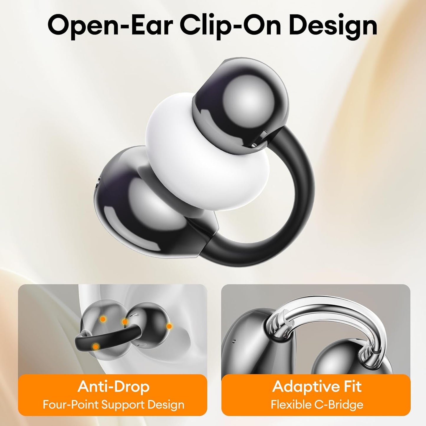 Open-Ear Headphones, Wireless Clip On Earbuds with Touch Screen Charging Case 60H Playtime, Bluetooth 5.4, IPX7 Waterproof, Lightweight Comfort, Stable Fit, Open-Ear Safety Design for Workout/Running