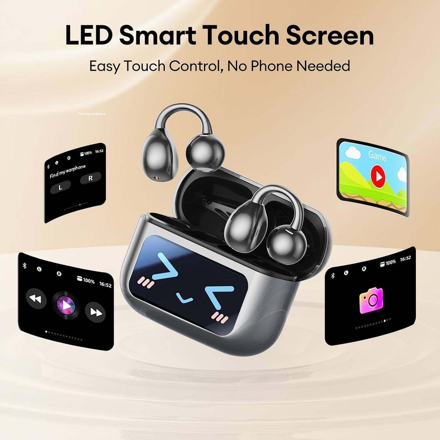 Open-Ear Headphones, Wireless Clip On Earbuds with Touch Screen Charging Case 60H Playtime, Bluetooth 5.4, IPX7 Waterproof, Lightweight Comfort, Stable Fit, Open-Ear Safety Design for Workout/Running