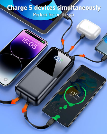 Portable Charger Power Bank - 20000mAh Fast Charging Portable Battery Pack with Built in USB-C(22.5W) and iOS(20W) Output Cables Compatible for iPhone Android Samsung Phone