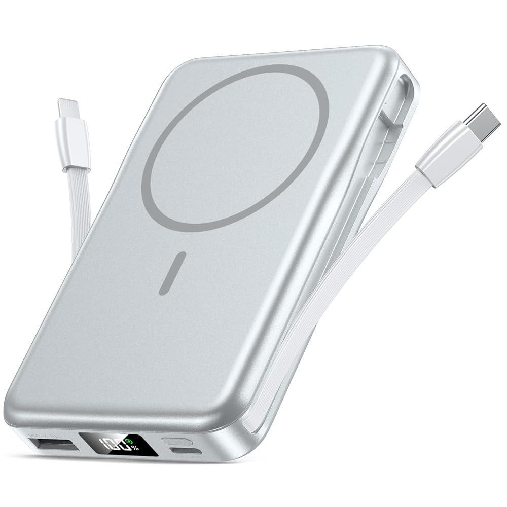 Magnetic Portable Charger, 10000mAh Power Bank, 5 in 1 Portable Charger with Built in Cable, 20W Fast Charging
