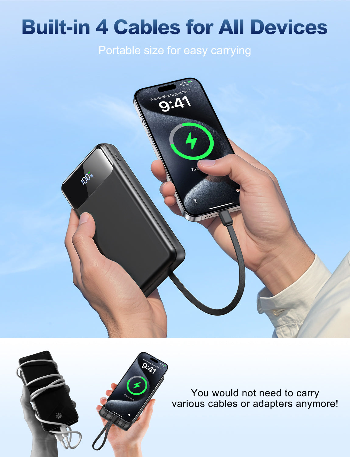 Portable Charger Power Bank 50000mAh Battery Pack, 22.5W Fast Charging PowerBank with Built in Cables